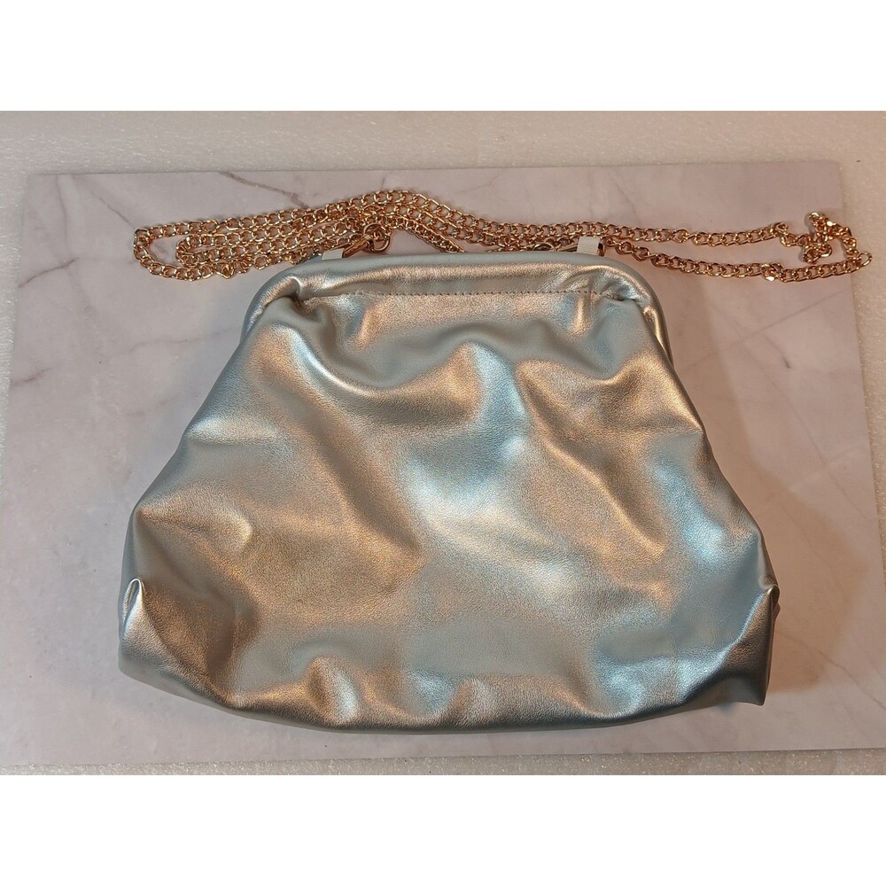 Kalidi Silver Evening Bag Satin Pouch Clutch Gold Chain Strap Medium